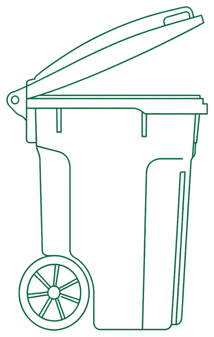 Minimal outline illustration of a residential wheelie bin with its lid raised.